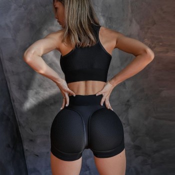 Mesh Gym Sets Womens Outfits Sexy Sport Bra Shorts Set Women 2022 Summer Workout Patchwork Black